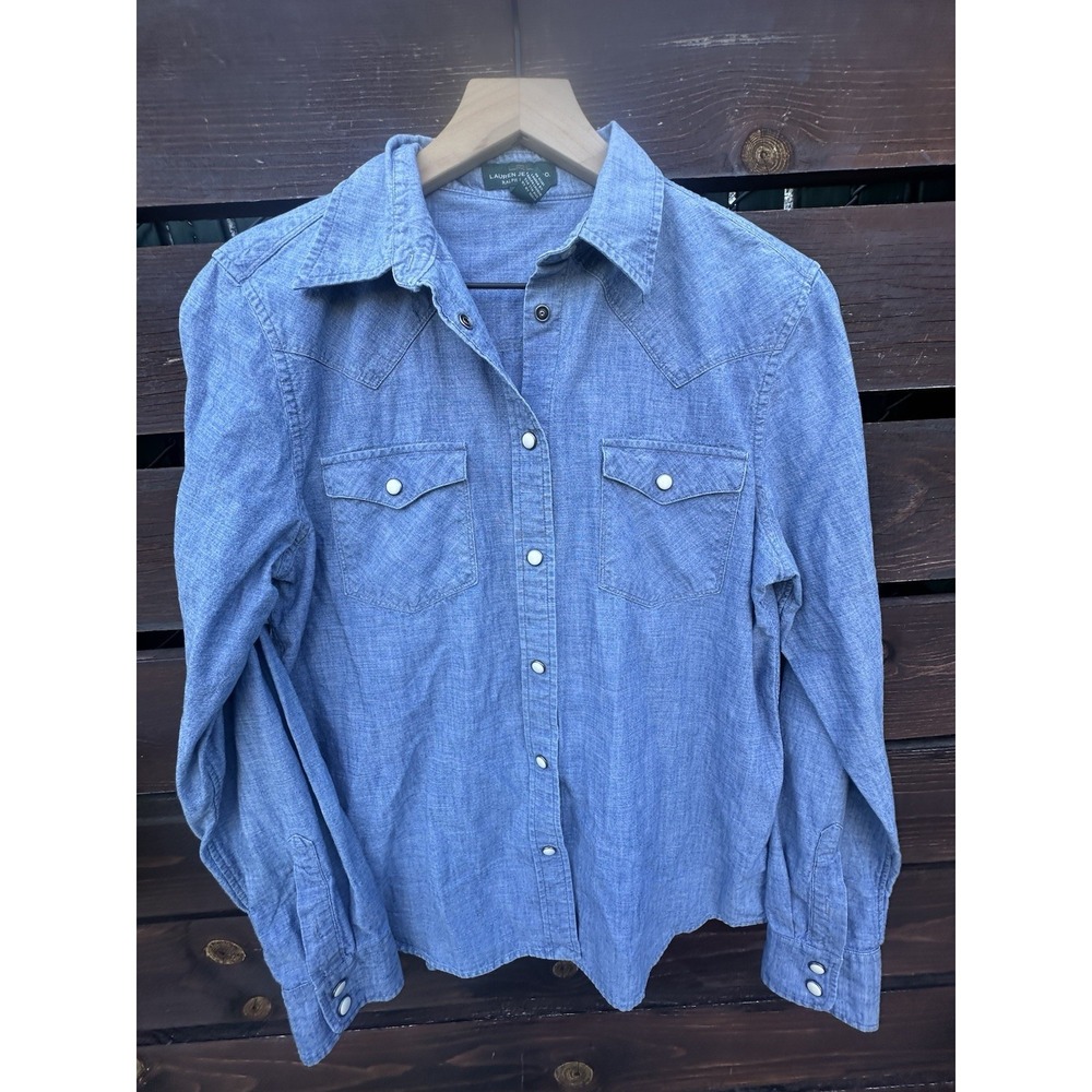 Vtg Ralph Lauren Womens Denim Pearl Snap Western Shirt Americana Classic Size L